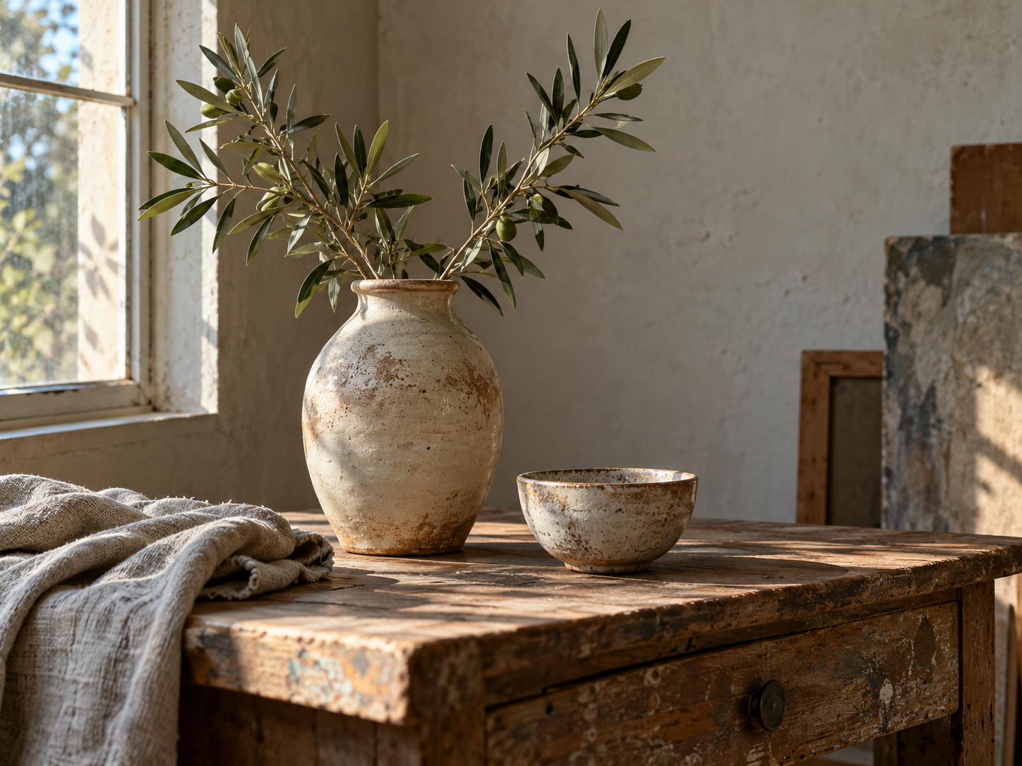 Handmade ceramic vase and bowl on a wooden table in natural window light