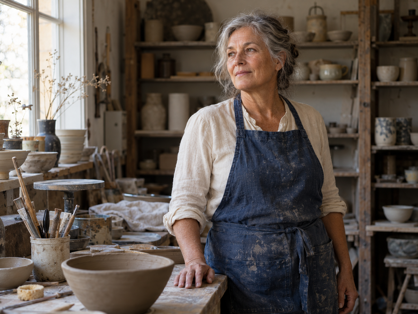 Ceramic artist in her pottery studio photographed in natural window light