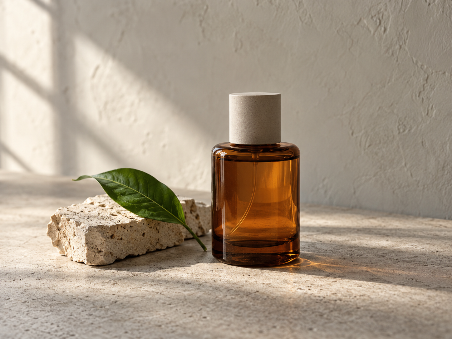 Amber glass perfume bottle photographed with stone and a green leaf in natural light