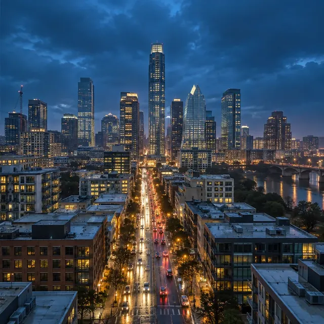 The same skyline re-lit at cinematic blue hour