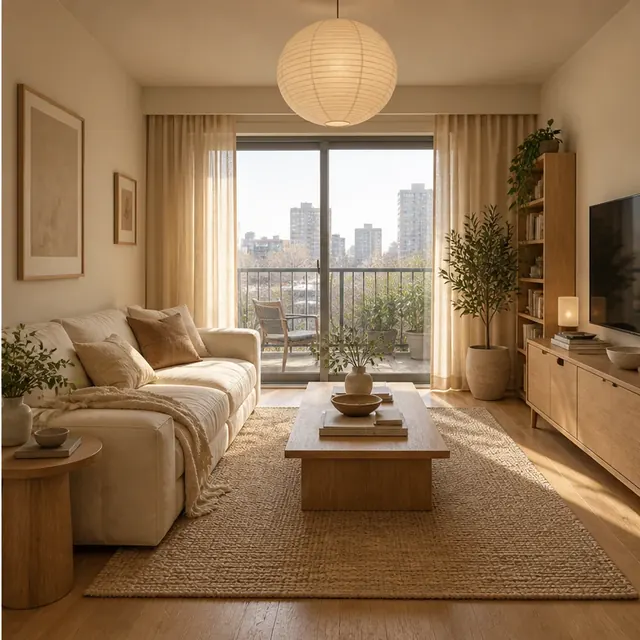 The same room redesigned with warm Japandi furniture