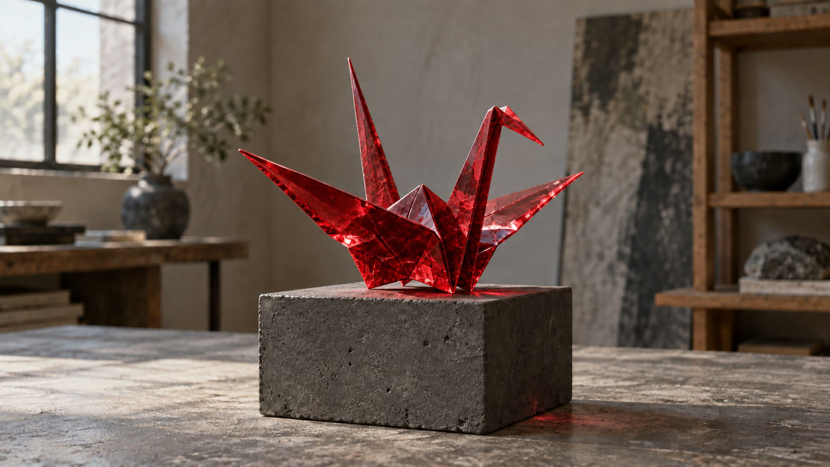 The same origami crane transformed into translucent ruby glass