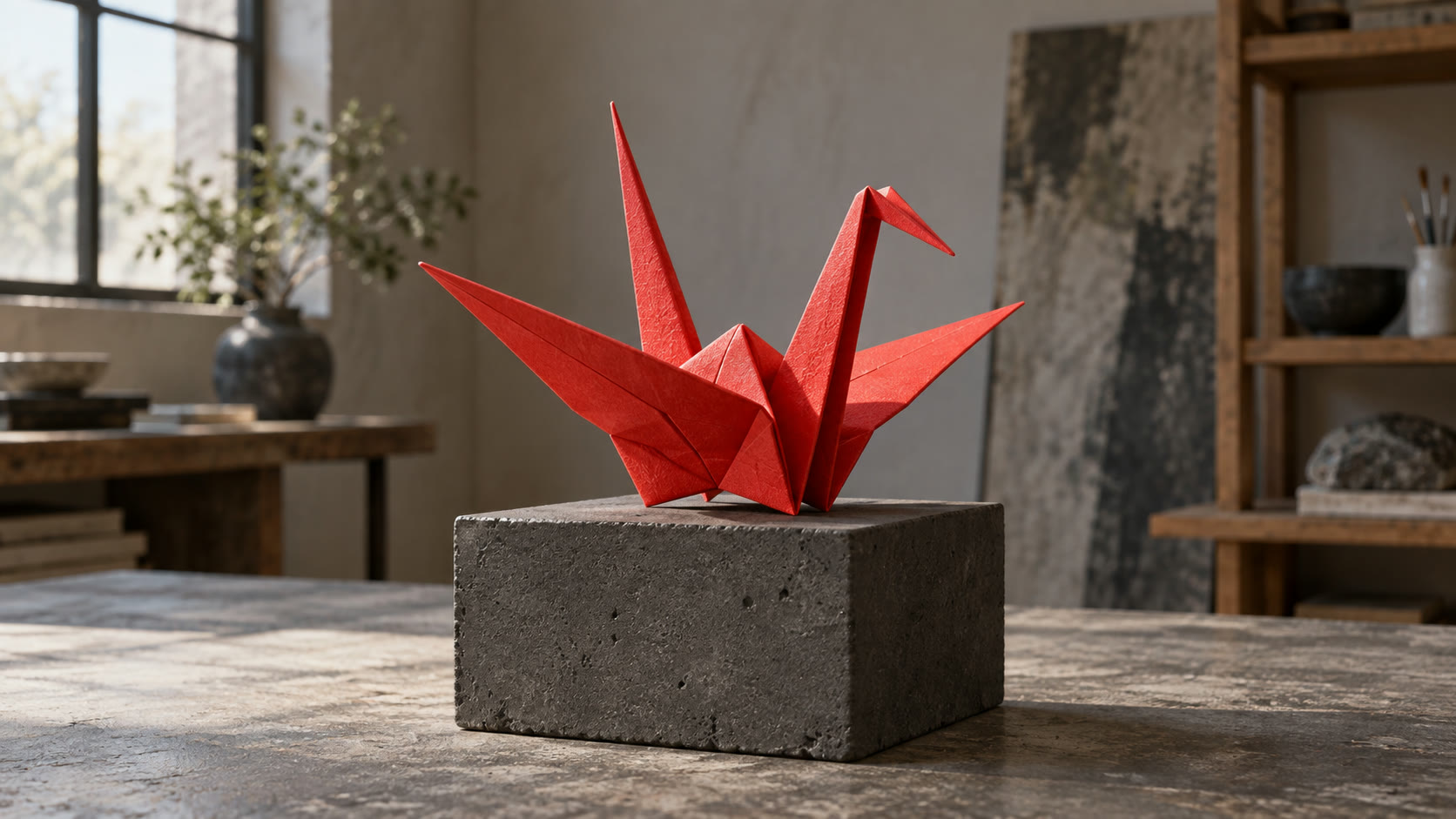 A red paper origami crane displayed on a concrete plinth