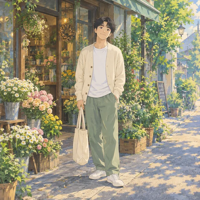 The same full-body scene transformed into warm hand-painted anime