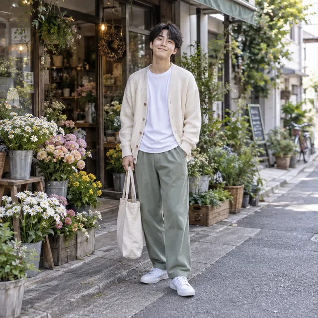 Full-body lifestyle photo of a man outside a flower shop