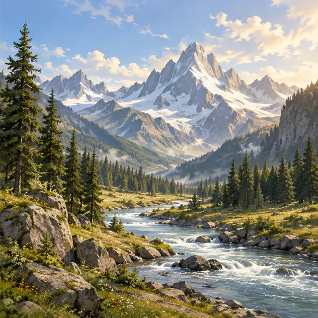 The same alpine valley rendered as a polished illustration