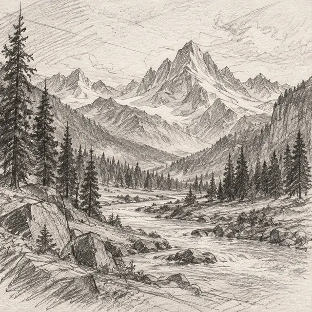 Rough graphite sketch of an alpine valley